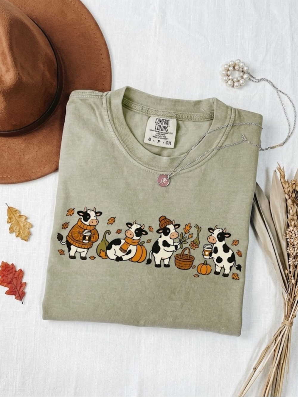 Comfort Colors Sage Green Cows Fall Graphic Tee
